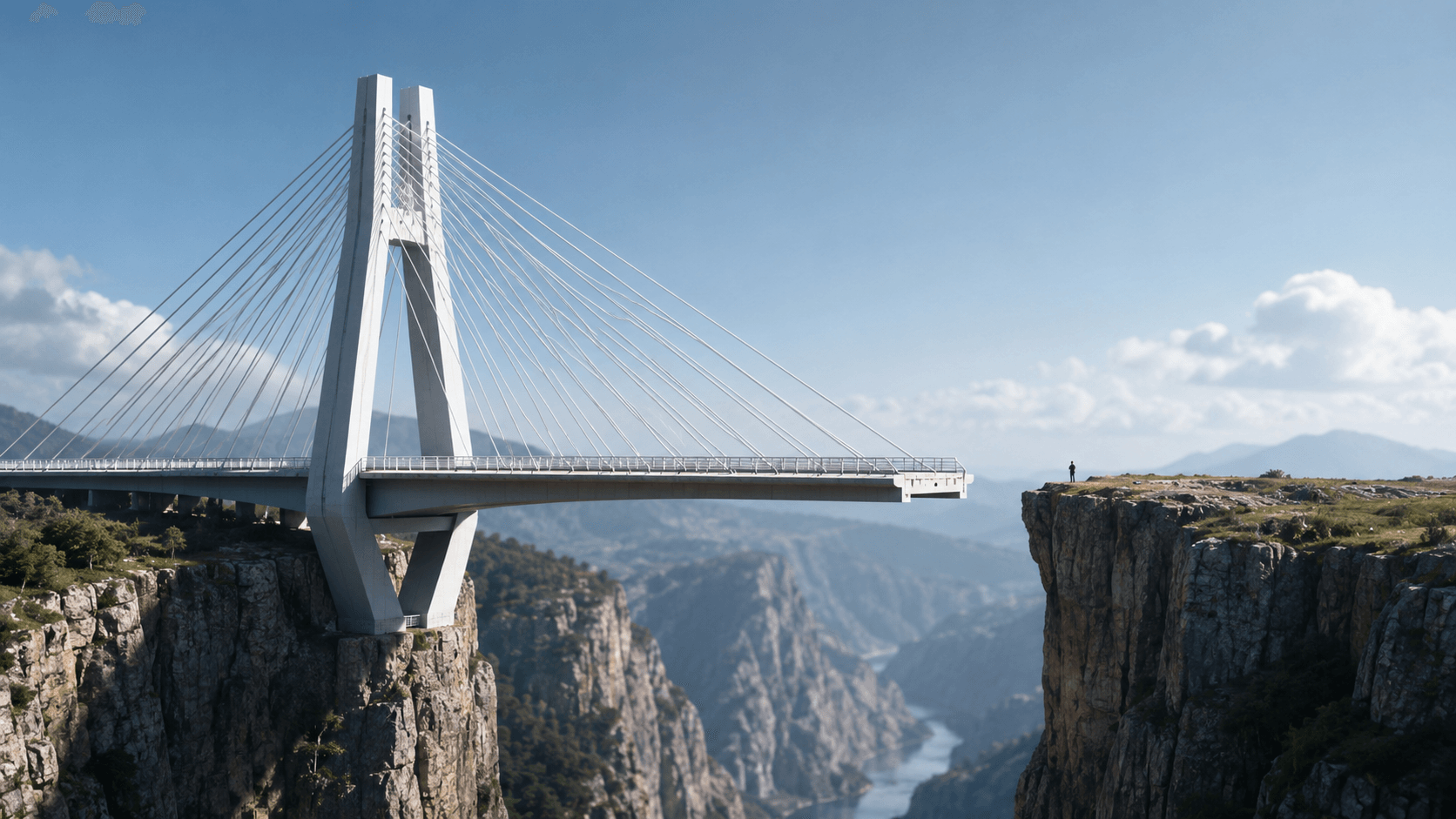 an elegant cable-stayed bridge spanning a gorge, stopping short of the far cliff, where a lone figure stands watching